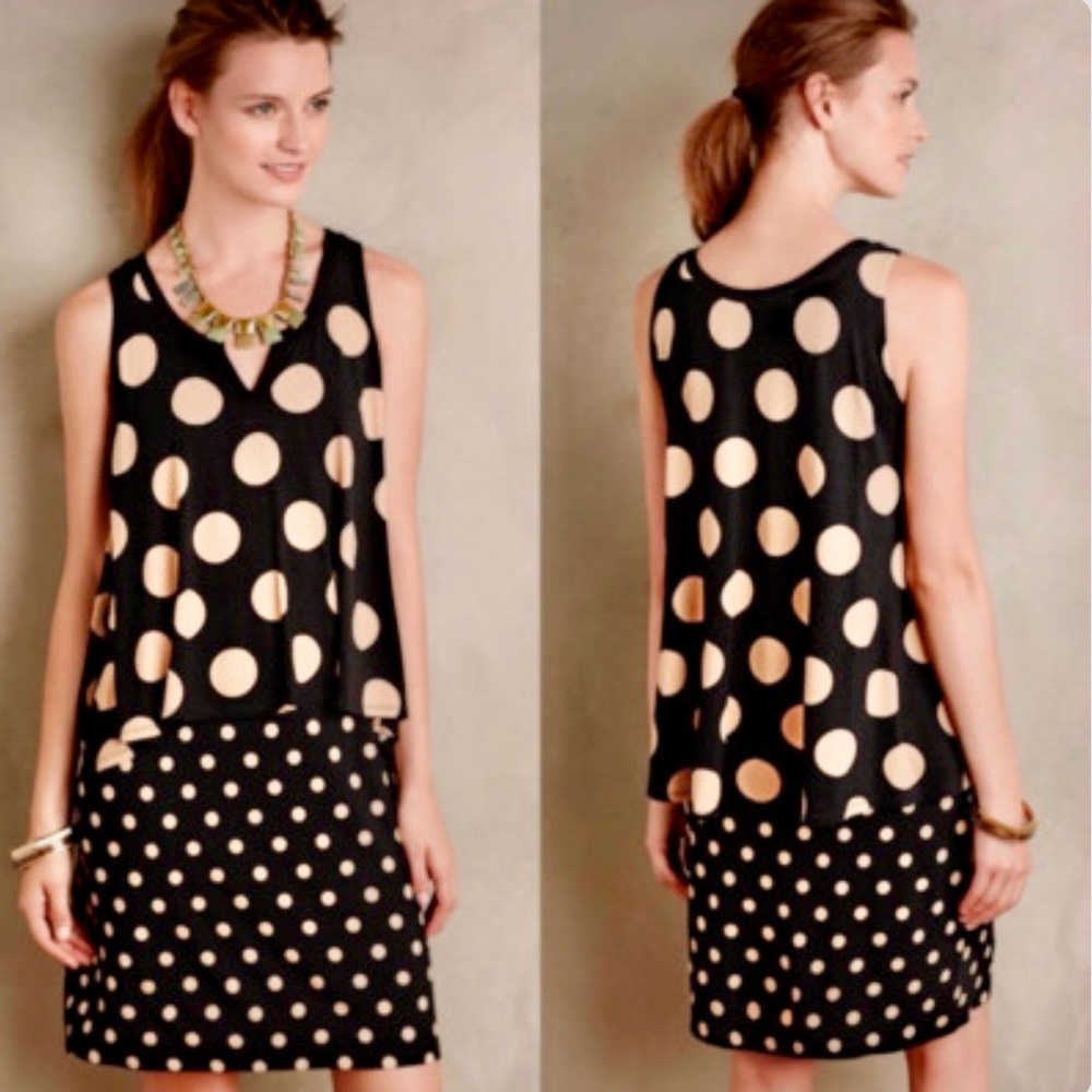 Maeve Anthropologie Black Tiered W/ Tan Polka Dots Shift Dress, Size Small